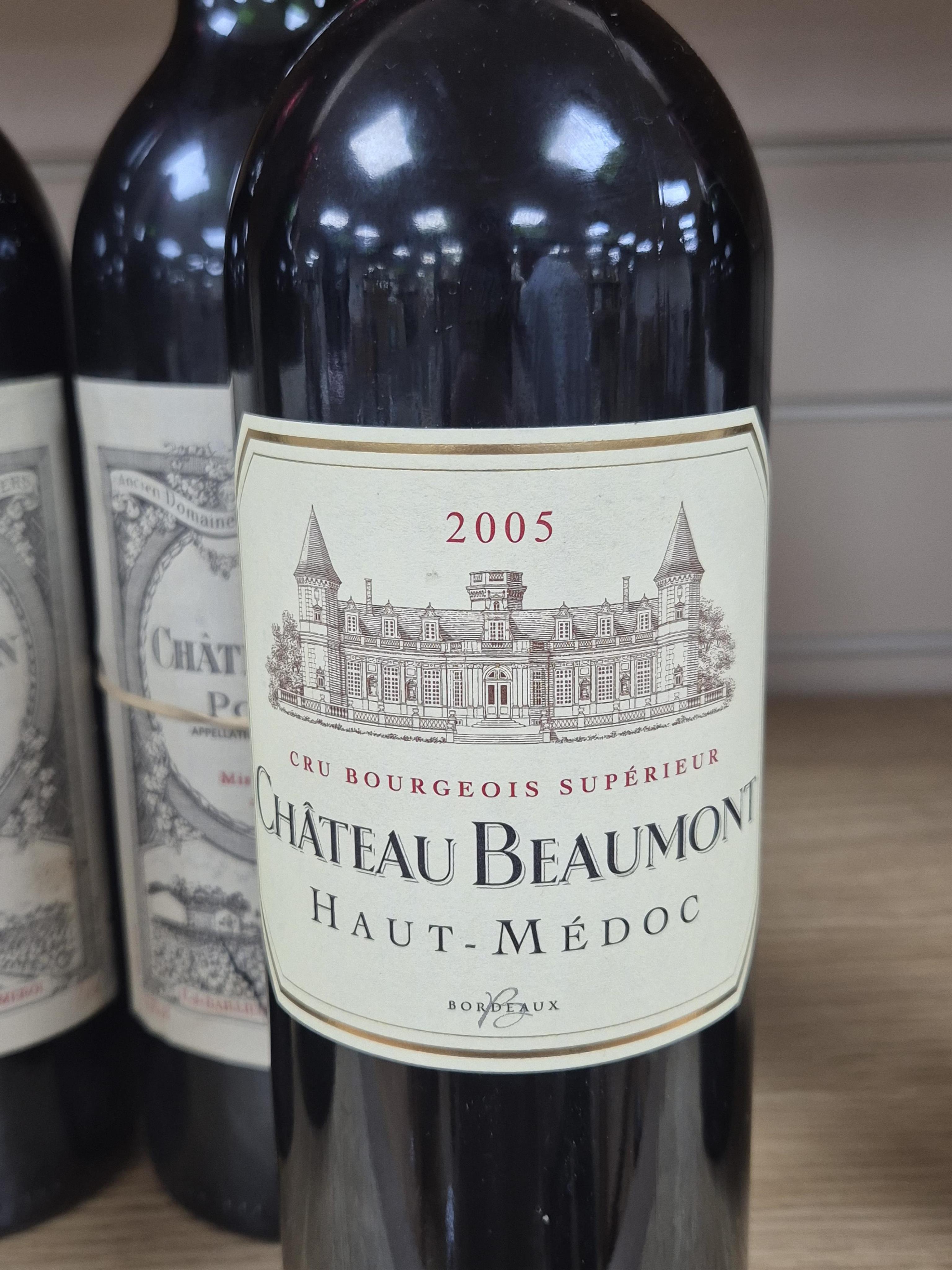 Four Bottles of Bordeaux red wine comprising three bottles of Château Gazin Pomerol, 1987, plus a Château Beaumont Haut-Medoc, 2005
